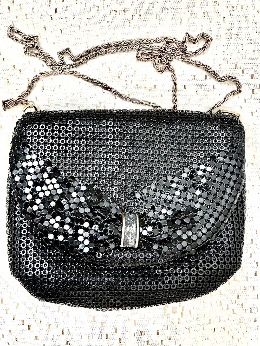 Vtg Elka mesh art deco clutch Black Sequin Crossbody  Bag Chain Strap metal bow